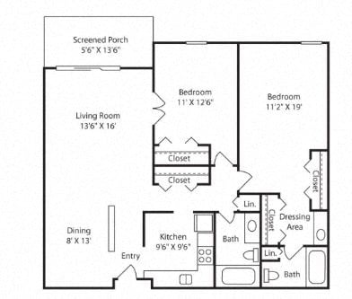 Floor plan for 2 beds, 2 baths, 1132 sqft